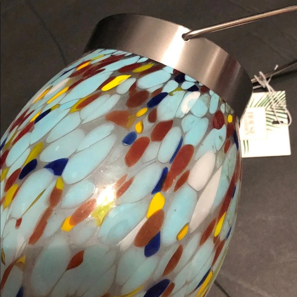 Blue‎ brown mosaic look blown glass style outdoor hanging LED lantern new